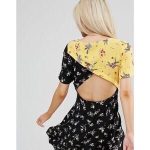 ASOS Open Back Skater Dress in Floral Colorblock Mix and Match Print